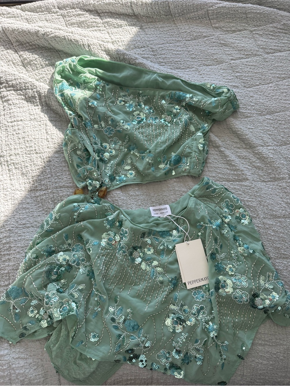 Peppermayo Mint Green One-Shoulder Embroidered Two-Piece Dress - Picture 4 of 6